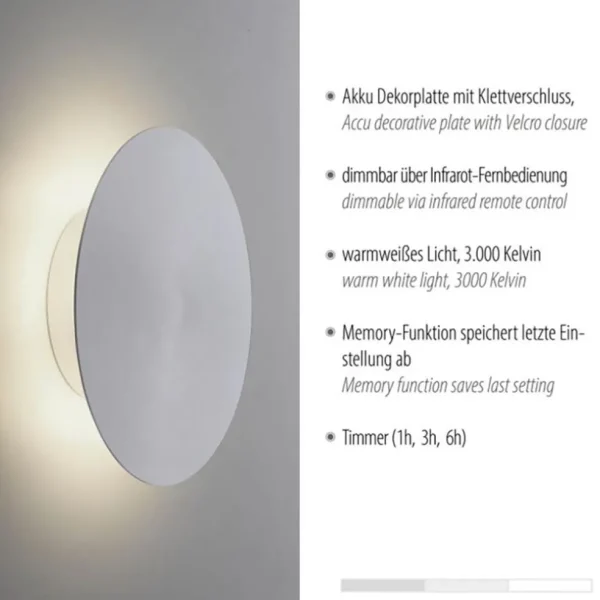 Discount Straluma Aluminium LED wandlamp op accu 3-standen dimbaar