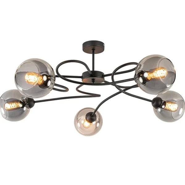 chique_lichts_plafondlamp_1.webp Sale Straluma Chique 5-lichts plafondlamp zwart met smoke glazen bollen