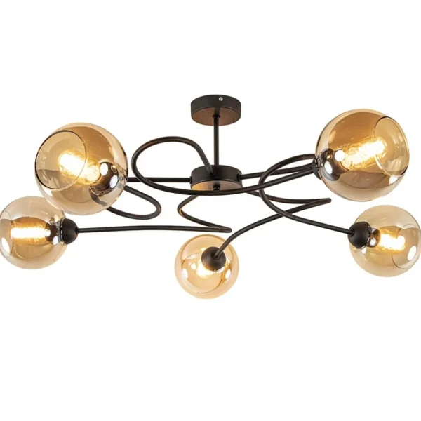 elegante_lichts_plafondla_1.webp New Straluma Elegante 5-lichts plafondlamp met amber glazen bollen