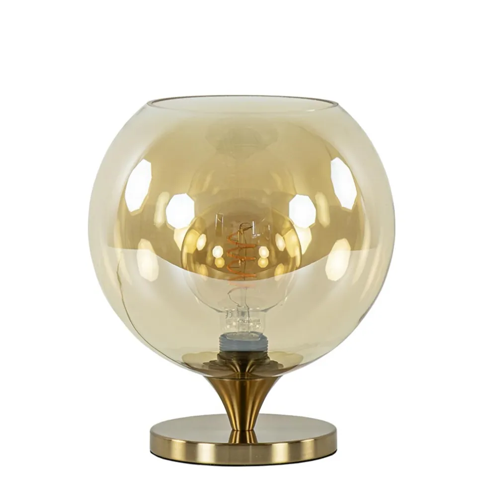 elegante_tafellamp_donker_0.webp Outlet Straluma Elegante tafellamp donker goud met amber glazen bol 25 cm