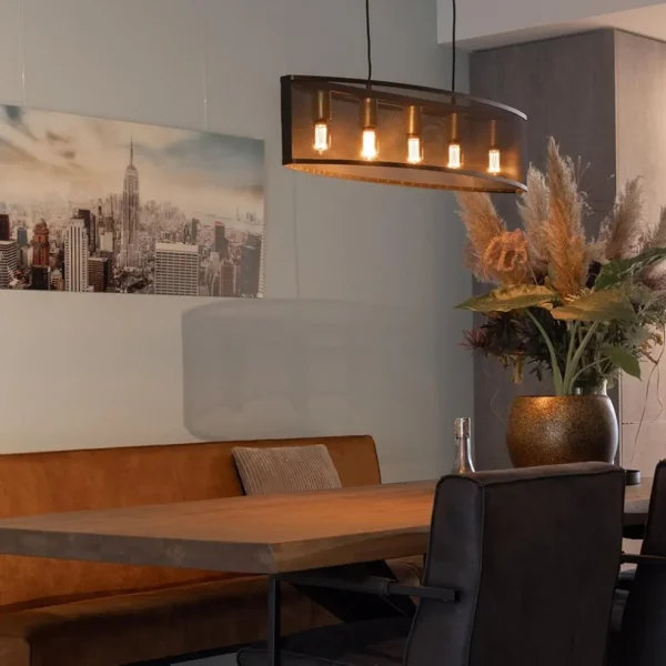 New Straluma Langwerpige hanglamp mat zwart metaal met goud