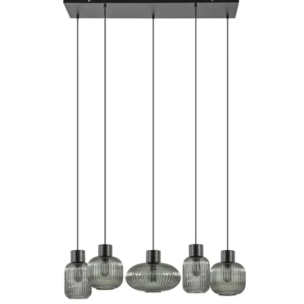 lichts_eettafelhanglamp_g_0-1.webp New Straluma 5-Lichts eettafelhanglamp geribbeld smoke glas met zwart