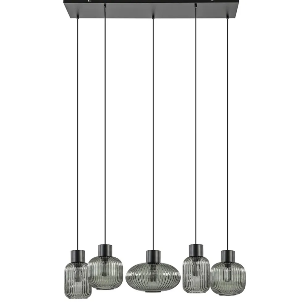 lichts_eettafelhanglamp_g_0-1.webp New Straluma 5-Lichts eettafelhanglamp geribbeld smoke glas met zwart