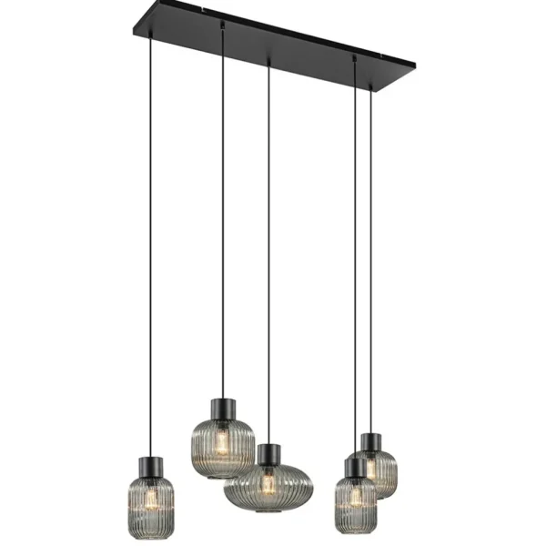 lichts_eettafelhanglamp_g_1-1.webp New Straluma 5-Lichts eettafelhanglamp geribbeld smoke glas met zwart