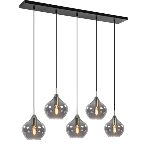 lichts_eettafelhanglamp_r_1.webp Online Straluma 5-Lichts eettafelhanglamp Rakel antiek brass met smoke glas