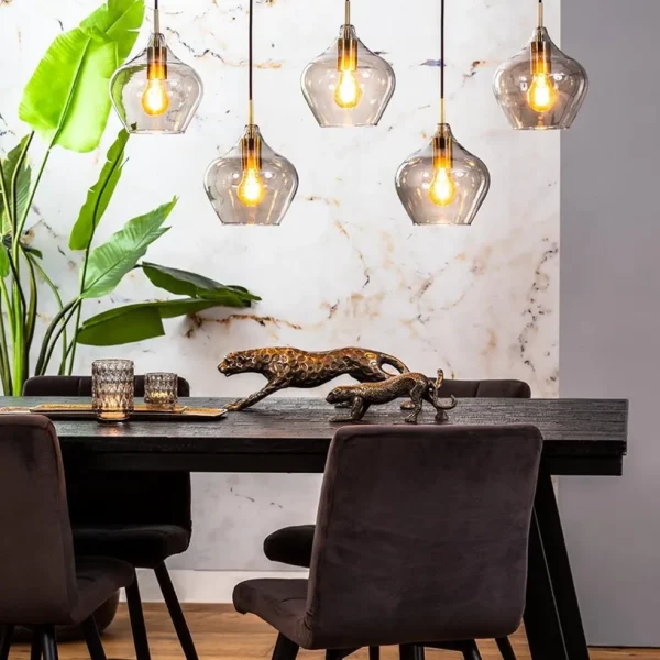 lichts_eettafelhanglamp_r_4.webp Online Straluma 5-Lichts eettafelhanglamp Rakel antiek brass met smoke glas