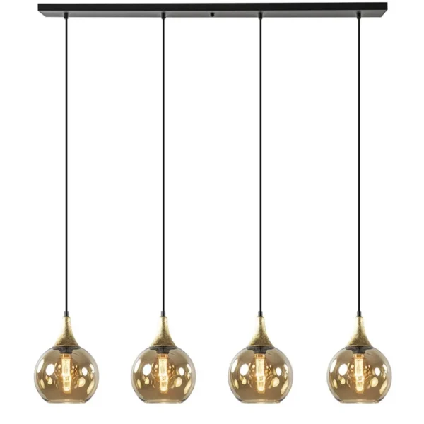 lichts_eettafelhanglamp_z_1-1.webp Hot Straluma 4-Lichts eettafelhanglamp zwart/goud met amber glazen bollen