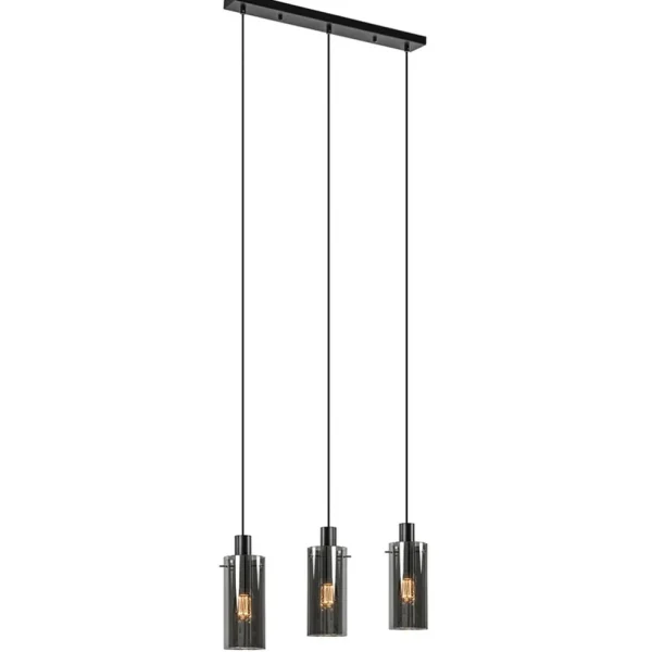 lichts_eettafelhanglamp_z_1-2.webp Discount Straluma 3-Lichts eettafelhanglamp zwart met cilinder smoke glas
