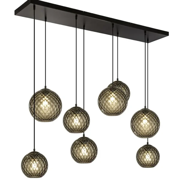 lichts_eettafelhanglamp_z_1-6.webp New Straluma 8-Lichts eettafelhanglamp zwart met smoke glazen kappen reliëf