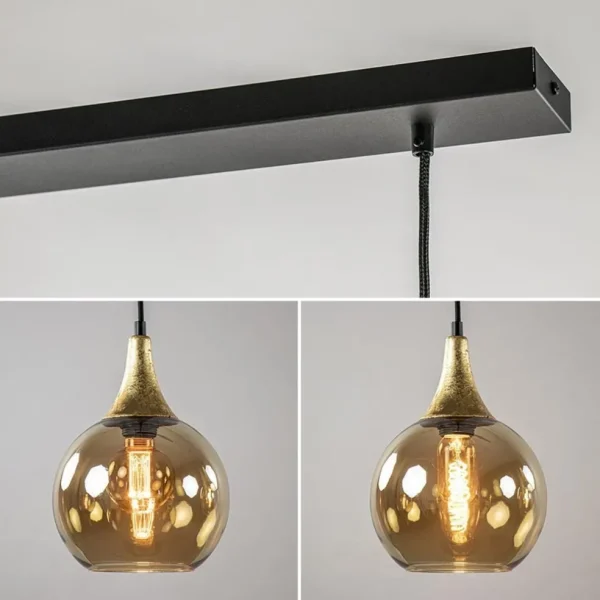 lichts_eettafelhanglamp_z_3-1.webp Hot Straluma 4-Lichts eettafelhanglamp zwart/goud met amber glazen bollen