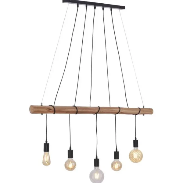 Best Straluma 5-Lichts hanglamp houten balk met zwarte pendels