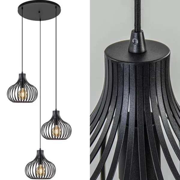 lichts_ronde_hanglamp_met_1.webp Hot Straluma 3-Lichts ronde hanglamp met zwarte draadkappen