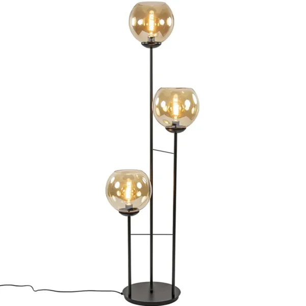 lichts_vloerlamp_mat_zwar_1.webp Store Straluma 3-Lichts vloerlamp mat zwart met amber glazen bollen