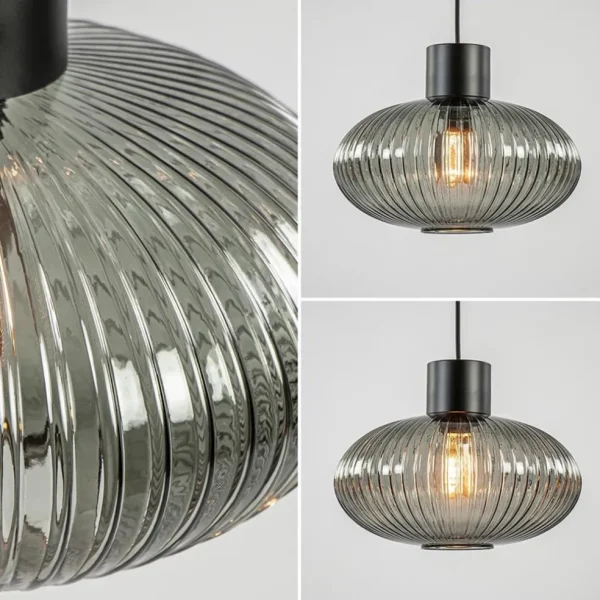 mat_zwarte_hanglamp_met_g_3.webp Sale Straluma Mat zwarte hanglamp met geribbeld smoke glas ovaal
