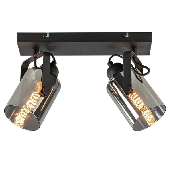 mat_zwarte_lichts_plafond_1.webp New Straluma Mat zwarte 2-lichts plafondlamp met smoke glas