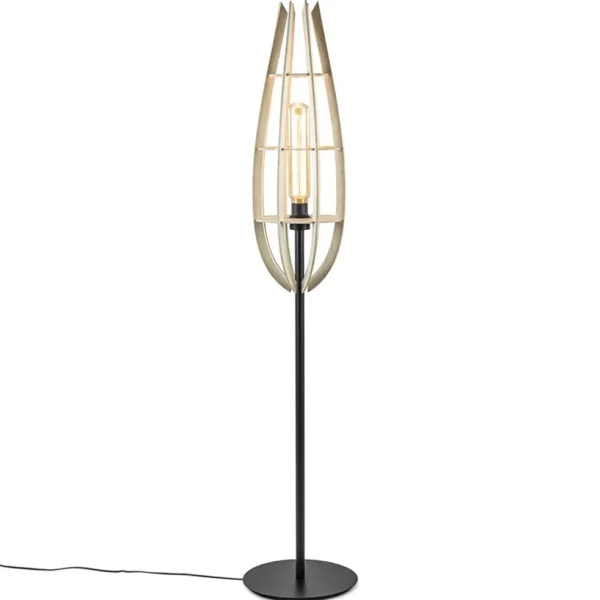 Clearance Straluma Mat zwarte vloerlamp met houten kap naturel