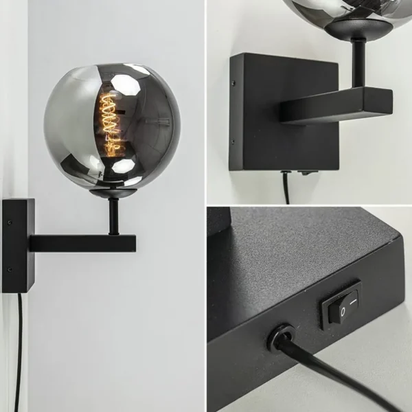 Best Sale Straluma Mat zwarte wandlamp met smoke glazen bol 20 cm
