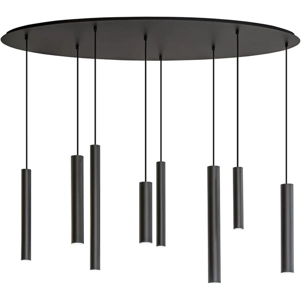 ovale_lichts_hanglamp_tub_0.webp Outlet Straluma Ovale 8-lichts hanglamp tubes zwart metaal