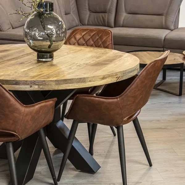 ronde_eettafel_mangohout__4.webp Store Straluma Ronde eettafel mangohout met zwarte poot Ø130 cm