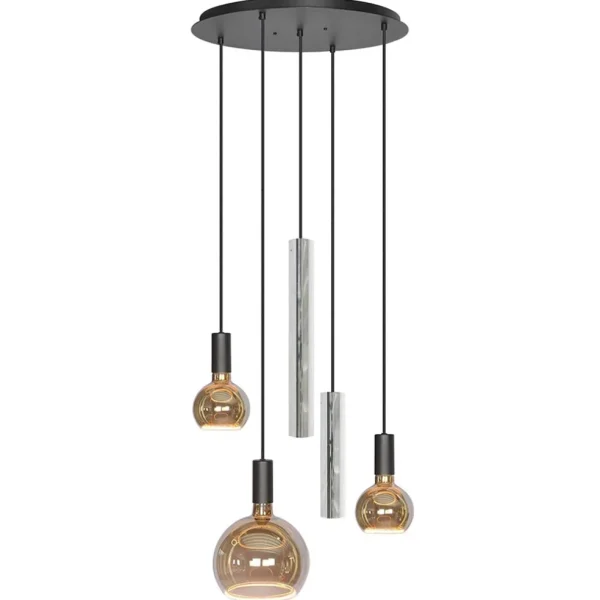 ronde_lichts_hanglamp_zwa_1.webp Outlet Straluma Ronde 5-lichts hanglamp zwart met nikkel
