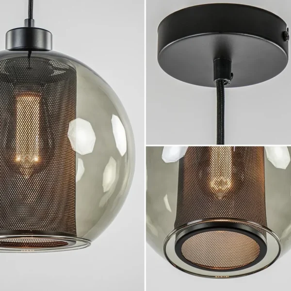 smoke_glazen_hanglamp_bol_2.webp Store Straluma Smoke glazen hanglamp bol met zwarte gaas cilinder