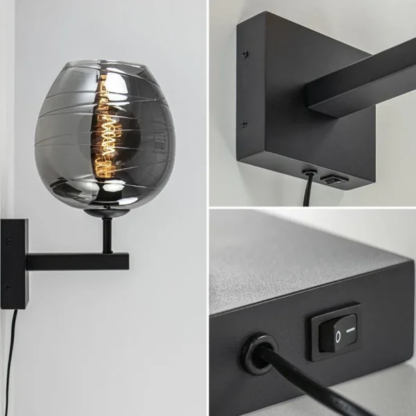 smoke_glazen_wandlamp_met_2.webp Clearance Straluma Smoke glazen wandlamp met zwart inclusief snoer