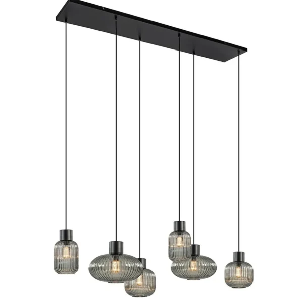 stijlvolle_lichts_eettafe_1.webp New Straluma Stijlvolle 6-lichts eettafelhanglamp zwart met smoke glas