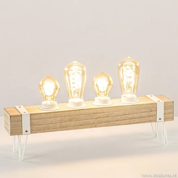 Online Straluma Tafellamp houten balk met witte pootjes 4-lichts exclusief lichtbron