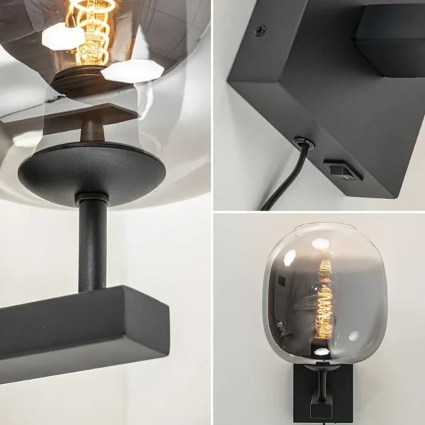 trendy_wandlamp_zwart_met_2.webp Online Straluma Trendy wandlamp zwart met smoke glazen kap en snoer