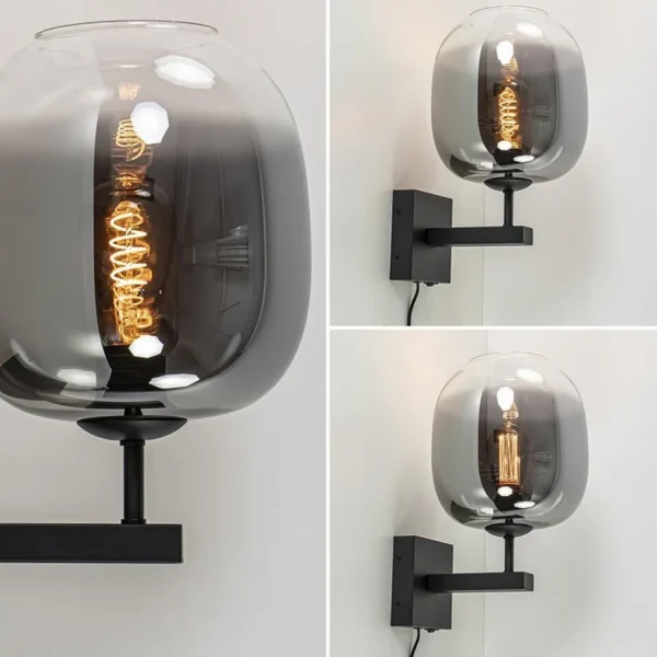 trendy_wandlamp_zwart_met_3.webp Online Straluma Trendy wandlamp zwart met smoke glazen kap en snoer