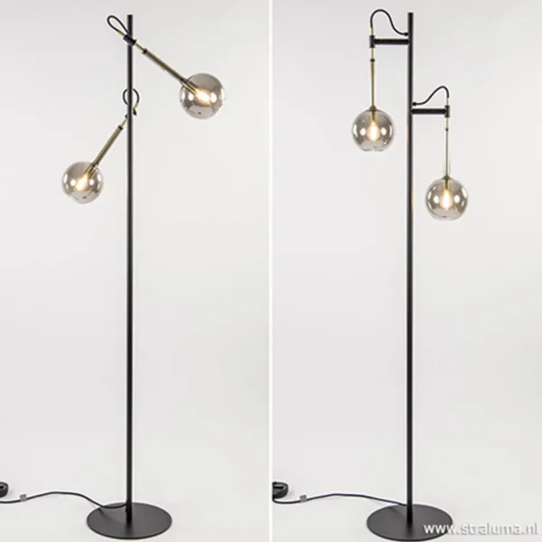 vloerlamp_globe_l_zwartgo_1.webp Hot Straluma Vloerlamp Globe 2-L zwart/goud smokeglas