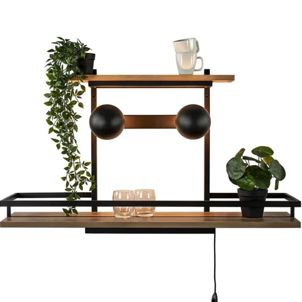 wandlampwandrek_zwart_met_1.webp Outlet Straluma Wandlamp/wandrek zwart met houten planken