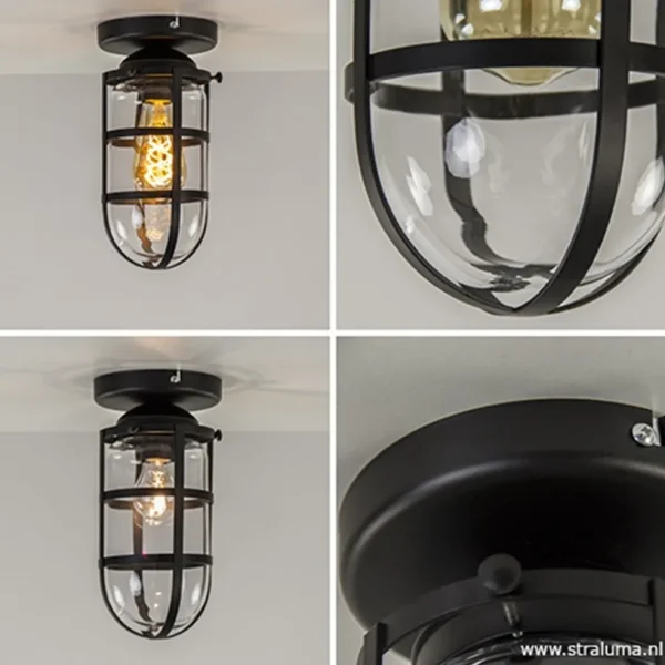 Discount Straluma Zwarte Kooi- plafondlamp met glas